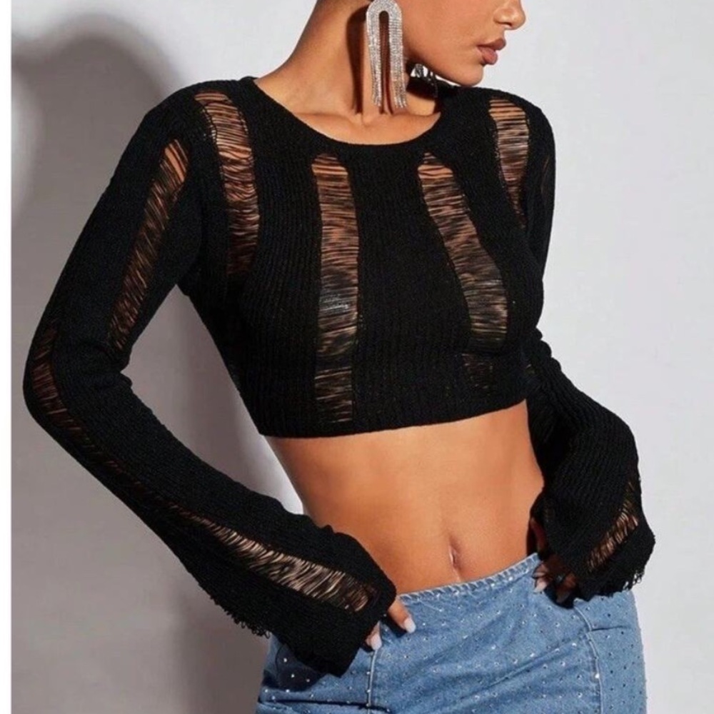 Black Cropped Sweater Open Back Long Flared Sleeves Wrap Around Ties Size Large